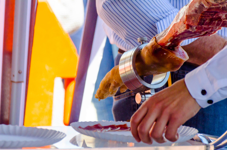 Leg jamon serrano prepared for slicing, traditional Spanish ham, meatの写真素材