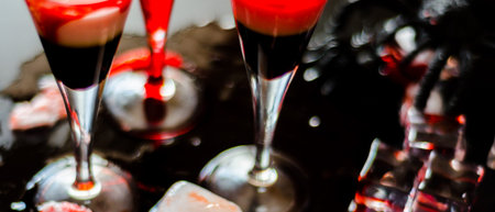 Creepy Halloween party cocktails with blood and ice cubes, drinks at partyの写真素材