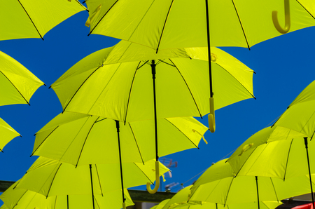 Colorful umbrellas urban street decoration. Hanging colorful umbrellas over blue sky, tourist attraction, sunny dayの写真素材