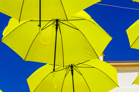 Colorful umbrellas urban street decoration. Hanging colorful umbrellas over blue sky, tourist attraction, sunny dayの写真素材
