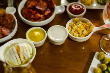 Set with different appetizers in small portions, healthy and delicious snacks, diet foodの写真素材