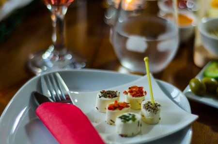 Set with different appetizers in small portions, healthy and delicious snacks, diet foodの写真素材