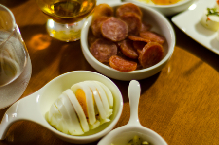 Set with different appetizers in small portions, healthy and delicious snacks, diet foodの写真素材