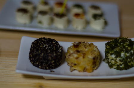 Set with different appetizers in small portions, healthy and delicious snacks, diet foodの写真素材