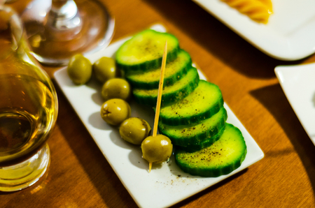 Set with different appetizers in small portions, healthy and delicious snacks, diet foodの写真素材