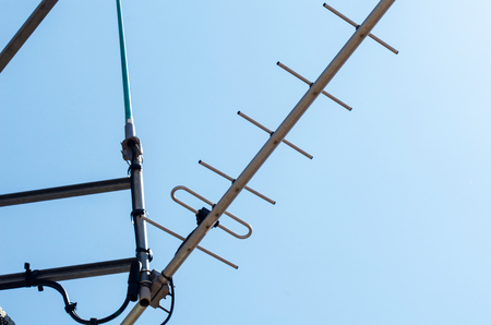 Telecommunication tower with antennas of cellular communication and radar systems, technology conceptの写真素材