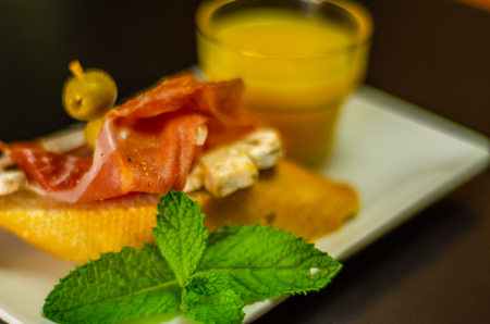 Traditional Spanish tapas for lunch table, mini sandwiches food set,  delicious snack appetizer,  foodの写真素材