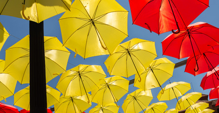 Colourful umbrellas urban street decoration. Hanging colorful umbrellas over blue sky, tourist attraction, sunny dayの写真素材