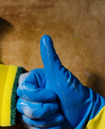 Hands in rubber gloves cleaning the surfaces of ceramic tiles, safe and hygienic cleaning, keeping the house cleanの写真素材