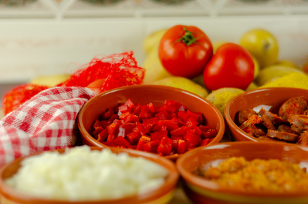 Prepared fresh ingredients for cooking goulash with chorizo sausage, Spanish traditional food, mealの写真素材