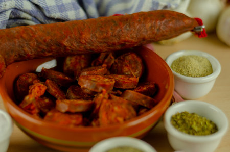 Prepared fresh ingredients for cooking goulash with chorizo sausage, Spanish traditional food, mealの写真素材