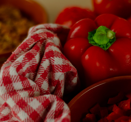 Prepared fresh ingredients for cooking goulash with chorizo sausage, Spanish traditional food, mealの写真素材