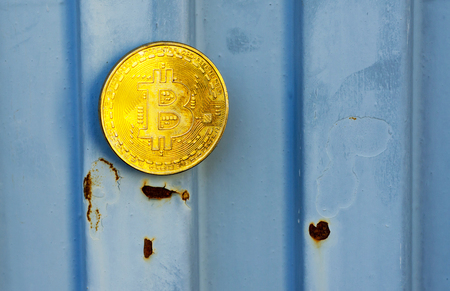 Crypto currency Gold Bitcoin, BTC, macro shot of Bitcoin coins on metal background,  bitcoin mining conceptの写真素材