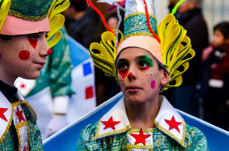 NERJA, SPAIN - FEBRUARY 10, 2018People in costumes celebrating carnival in Malaga province,...