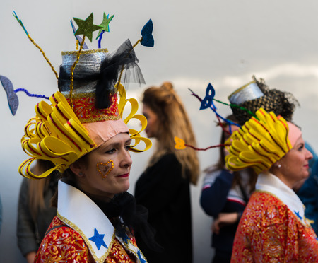 NERJA, SPAIN - FEBRUARY 11, 2018
People in costumes celebrating "Burial of the Sardine" in 
 Malaga province, funeral parade, carnivalのeditorial素材