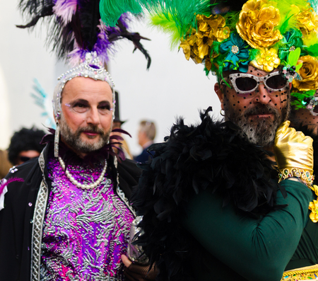 NERJA, SPAIN - FEBRUARY 11, 2018
People in costumes celebrating "Burial of the Sardine" in 
 Malaga province, funeral parade, carnivalのeditorial素材