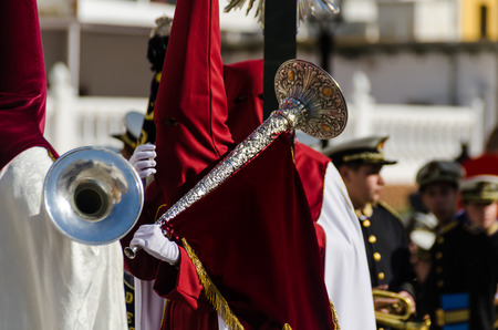 VELEZ-MALAGA, SPAIN - MARCH 29, 2018 People participating in the procession  in the Holy Week in a Spanish city, easterのeditorial素材