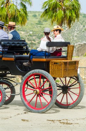 ALMAYATE, SPAIN - APRIL 22, 2018 Man driving horse with a wagon in a traditional Andalusian competition, traditional Spain contest based on the presentation of the ability to drive horse with a cart, professional work of carters with horsesのeditorial素材