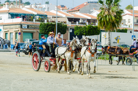 ALMAYATE, SPAIN - APRIL 22, 2018 Man driving horse with a wagon in a traditional Andalusian competition, traditional Spain contest based on the presentation of the ability to drive horse with a cart, professional work of carters with horsesのeditorial素材