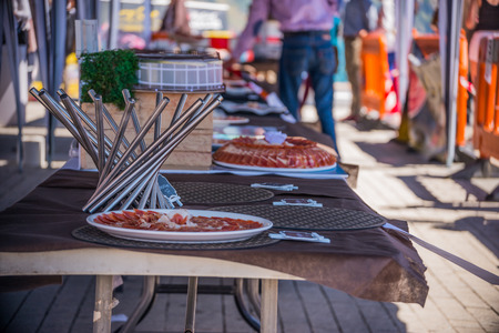 NERJA, SPAIN - APRIL 15, 2018 Traditional competition of professionals in the Jamon Serrano cutting event taking place in Nerja, Andalusia, a great demonstration of skillsのeditorial素材