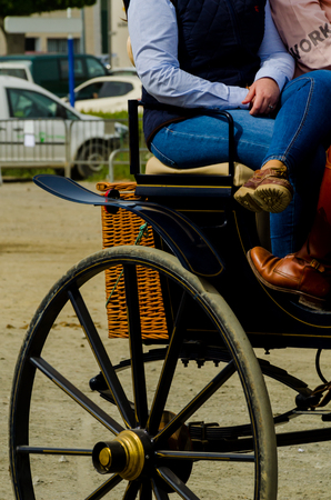 ALMAYATE, SPAIN - APRIL 22, 2018 Traditional Andalusian contest based on the presentation of the ability to drive horse with a cart, professional work of carters with horsesのeditorial素材