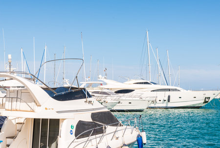 BENALMADENA, SPAIN - MAY 10, 2018 A beautiful marina with luxury yachts and motor boats in the...