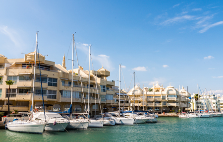 BENALMADENA, SPAIN - MAY 10, 2018 A beautiful marina with luxury yachts and motor boats in the tourist seaside town of Benalmadenaのeditorial素材