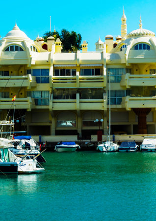 BENALMADENA, SPAIN - MAY 10, 2018 A beautiful marina with luxury yachts and motor boats in the tourist seaside town of Benalmadenaのeditorial素材