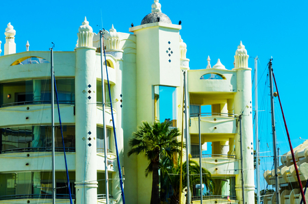BENALMADENA, SPAIN - MAY 10, 2018 A beautiful marina with luxury yachts and motor boats in the tourist seaside town of Benalmadenaのeditorial素材