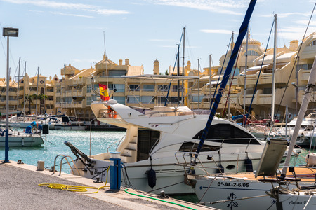 BENALMADENA, SPAIN - MAY 10, 2018 A beautiful marina with luxury yachts and motor boats in the tourist seaside town of Benalmadenaのeditorial素材