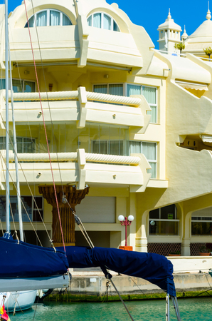 BENALMADENA, SPAIN - MAY 10, 2018 A beautiful marina with luxury yachts and motor boats in the tourist seaside town of Benalmadenaのeditorial素材