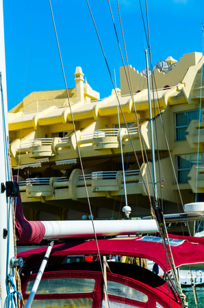 BENALMADENA, SPAIN - MAY 10, 2018 A beautiful marina with luxury yachts and motor boats in the tourist seaside town of Benalmadenaのeditorial素材