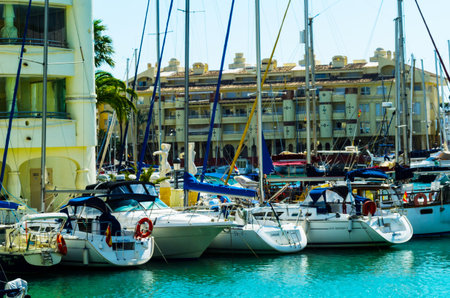 BENALMADENA, SPAIN - MAY 10, 2018 A beautiful marina with luxury yachts and motor boats in the tourist seaside town of Benalmadenaのeditorial素材