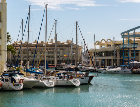 BENALMADENA, SPAIN - MAY 10, 2018 A beautiful marina with luxury yachts and motor boats in the tourist seaside town of Benalmadenaのeditorial素材