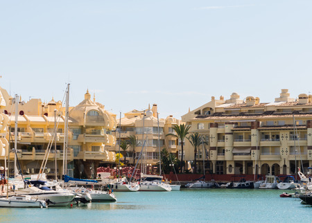 BENALMADENA, SPAIN - MAY 10, 2018 A beautiful marina with luxury yachts and motor boats in the tourist seaside town of Benalmadenaのeditorial素材