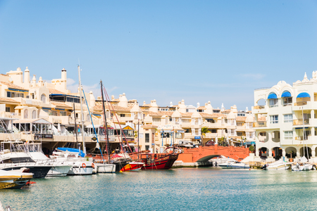 BENALMADENA, SPAIN - MAY 10, 2018 A beautiful marina with luxury yachts and motor boats in the tourist seaside town of Benalmadenaのeditorial素材