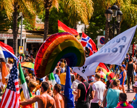 TORREMOLINOS, SPAIN - JUNE 2, 2018 LGBT march promoting equality and tolerance in a coastal town in...