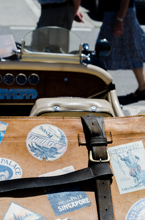 TORRE DEL MAR, SPAIN - JUNE 3, 2018 Old antique cars issued for tourists visiting a seaside town in Spainのeditorial素材