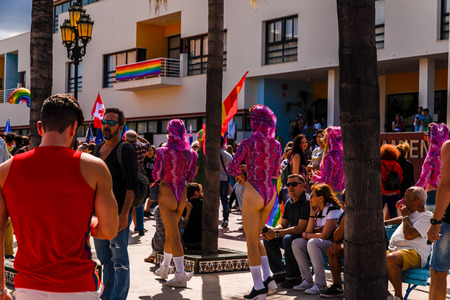 TORREMOLINOS, SPAIN - JUNE 2, 2018 LGBT march promoting equality and tolerance in a coastal town in Andaluciaのeditorial素材