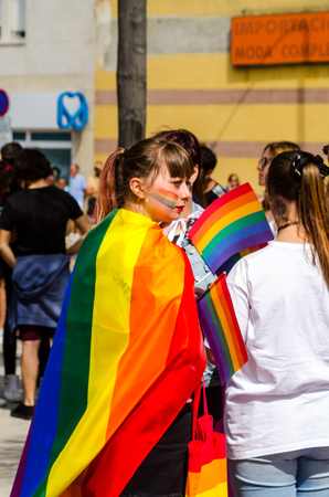 TORREMOLINOS, SPAIN - JUNE 2, 2018 LGBT march promoting equality and tolerance in a coastal town in Andaluciaのeditorial素材