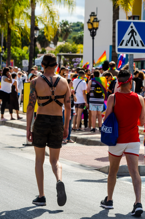 TORREMOLINOS, SPAIN - JUNE 2, 2018 LGBT march promoting equality and tolerance in a coastal town in Andaluciaのeditorial素材