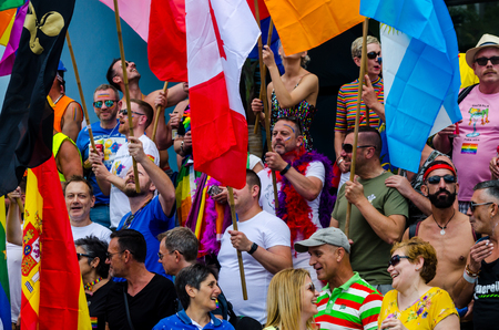 TORREMOLINOS, SPAIN - JUNE 2, 2018 LGBT march promoting equality and tolerance in a coastal town in Andaluciaのeditorial素材
