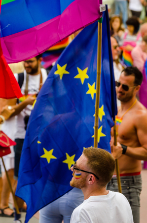 TORREMOLINOS, SPAIN - JUNE 2, 2018 LGBT march promoting equality and tolerance in a coastal town in Andaluciaのeditorial素材
