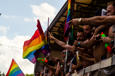 TORREMOLINOS, SPAIN - JUNE 2, 2018 LGBT march promoting equality and tolerance in a coastal town in Andaluciaのeditorial素材