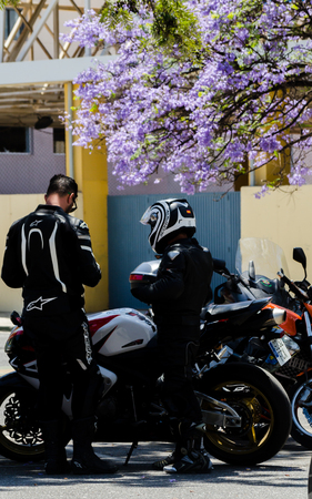 NERJA, SPAIN - JUNE 10, 2018 People and bikes on the motorcycle rally in a seaside Spanish townのeditorial素材