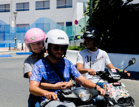 NERJA, SPAIN - JUNE 10, 2018 People and bikes on the motorcycle rally in a seaside Spanish townのeditorial素材