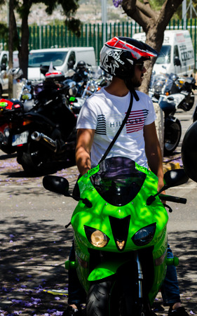 NERJA, SPAIN - JUNE 10, 2018 People and bikes on the motorcycle rally in a seaside Spanish townのeditorial素材