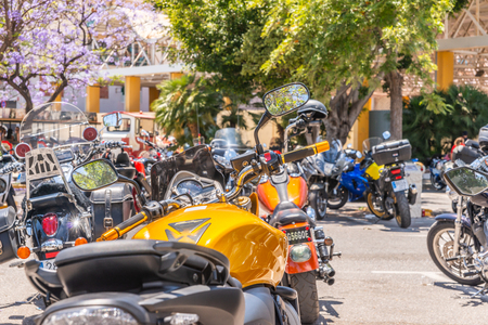 NERJA, SPAIN - JUNE 10, 2018 People and bikes on the motorcycle rally in a seaside Spanish townのeditorial素材