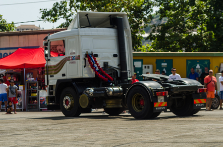 TORROX, SPAIN - JULY 22, 2018 show of tractor units for visitors, powerful machines gathered in a square in an Andalusian townのeditorial素材