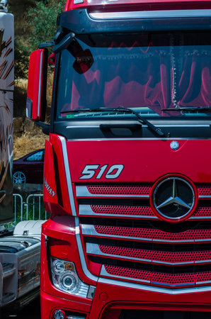 TORROX, SPAIN - JULY 22, 2018 show of tractor units for visitors, powerful machines gathered in a...